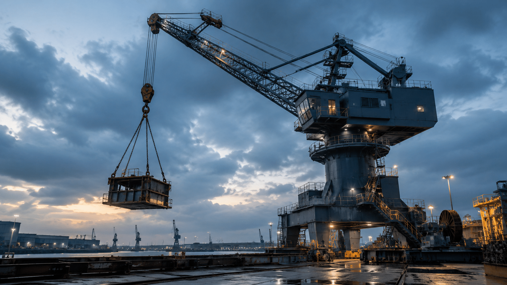 Krananlage mit Last im maritimen Industrieumfeld